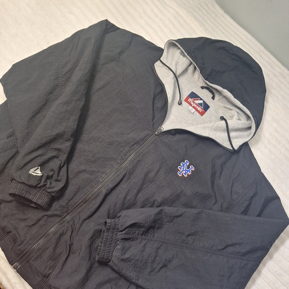 Vtg Majestic NY Mets Full Zip Hooded Windbreaker Jacket Mens XL BLK BASEBALL